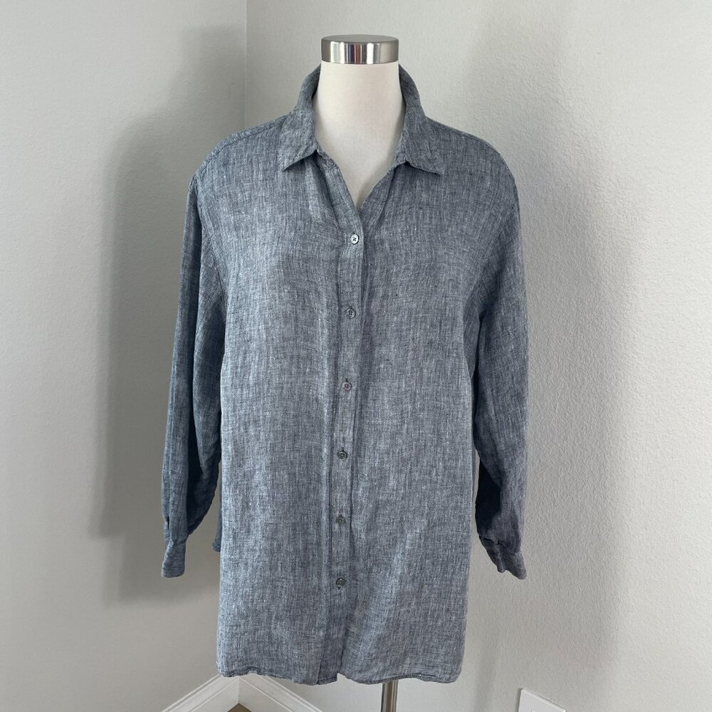 J Jill‎ Womens Plus 2X Gray 100% Linen Button Up Shirt Long Sleeve Blouse